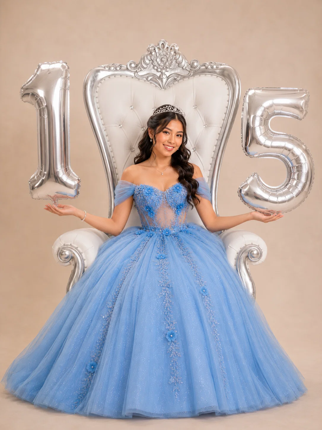 Vestido Quinceaños Celeste Acero