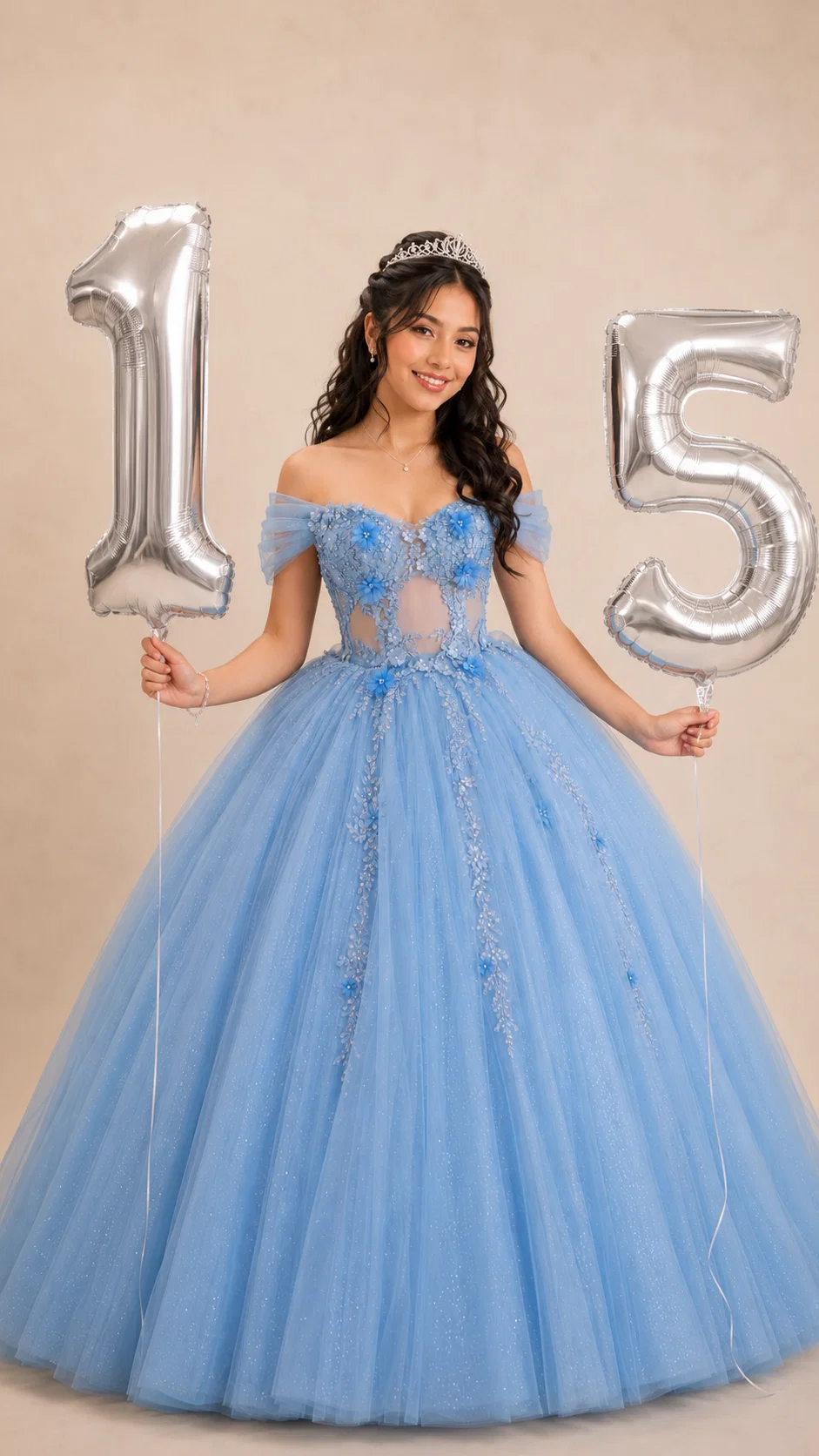 Vestido Quinceaños Celeste Acero - vista 1
