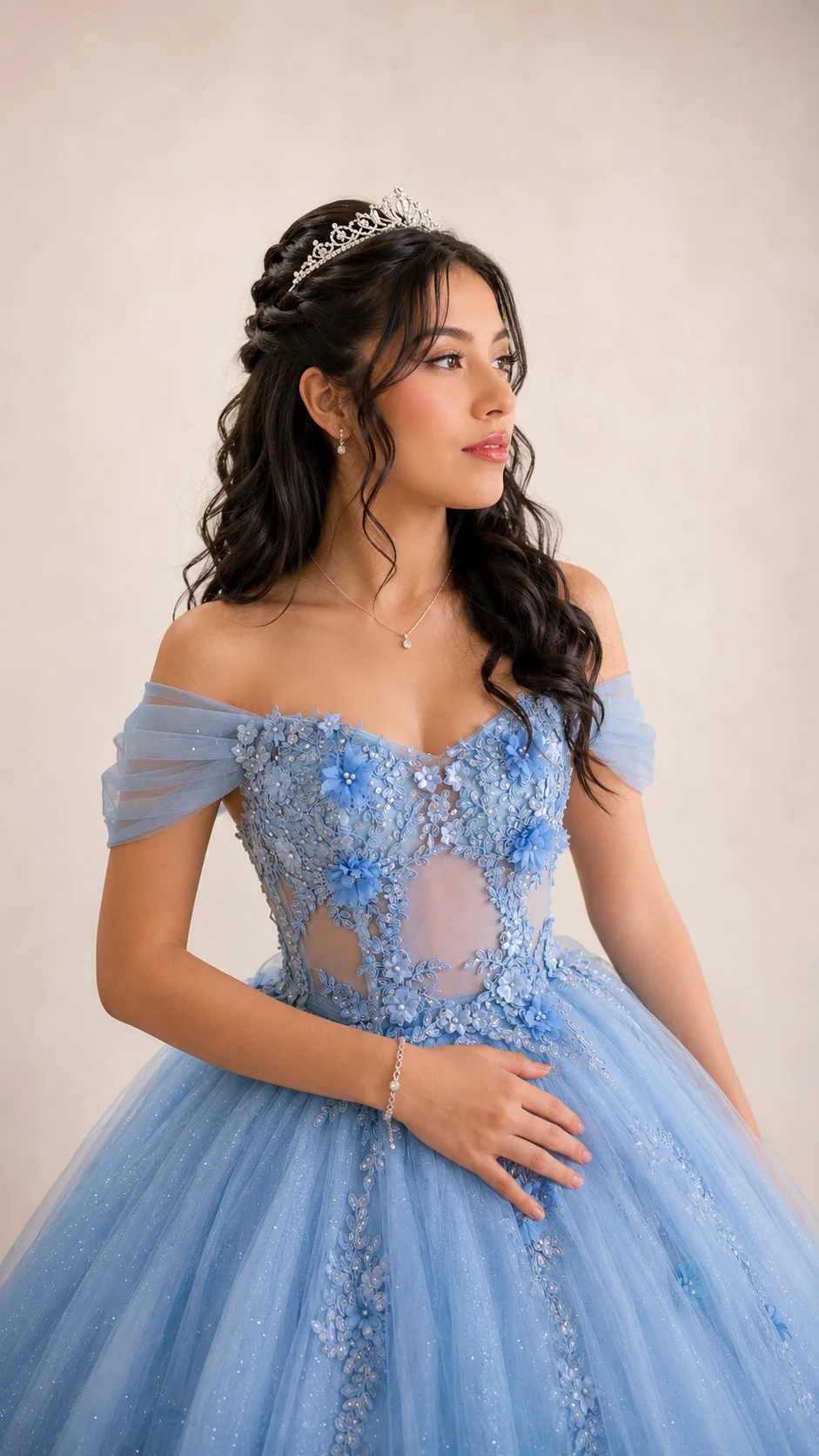 Vestido Quinceaños Celeste Acero - vista 3