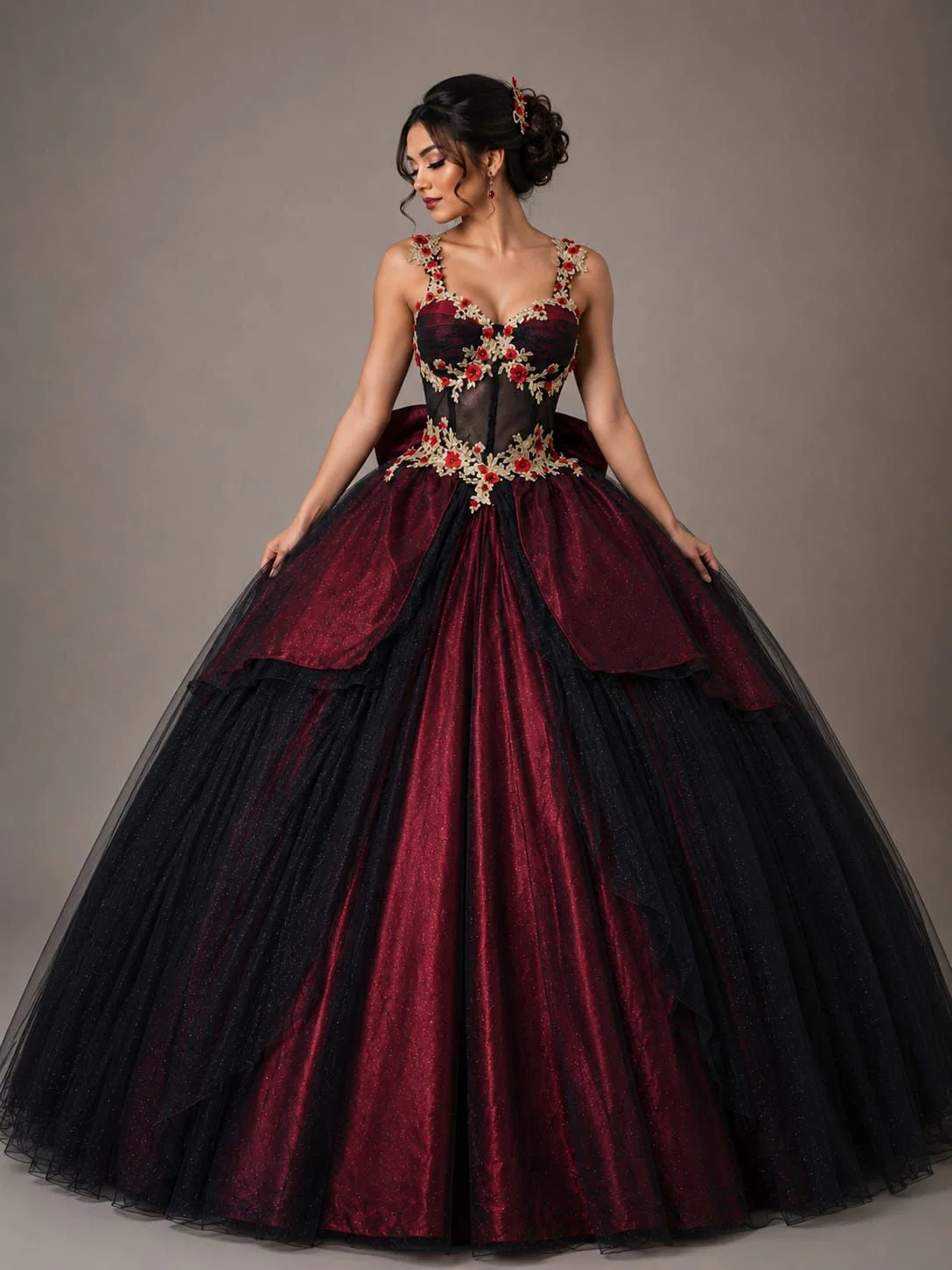 Vestido Quinceaños Vino con Negro