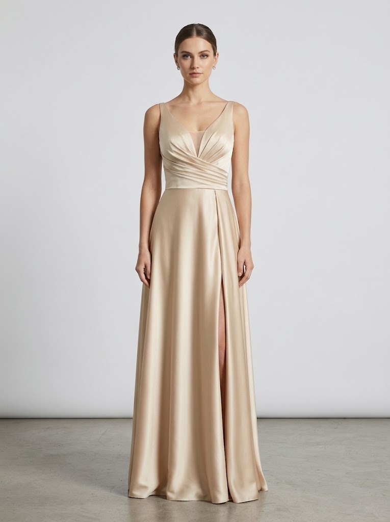Vestido Largo Satín con Pliegues